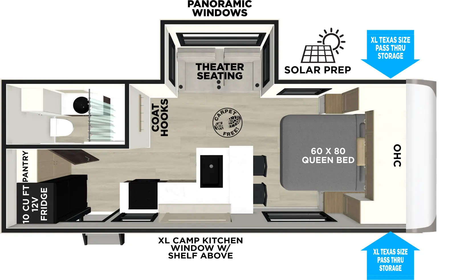 The Heritage Glen Travel Trailers 21RBHL floorplan has one entry and one slide out. Exterior features include: fiberglass exterior and outside kitchen. Interiors features include: front bedroom.